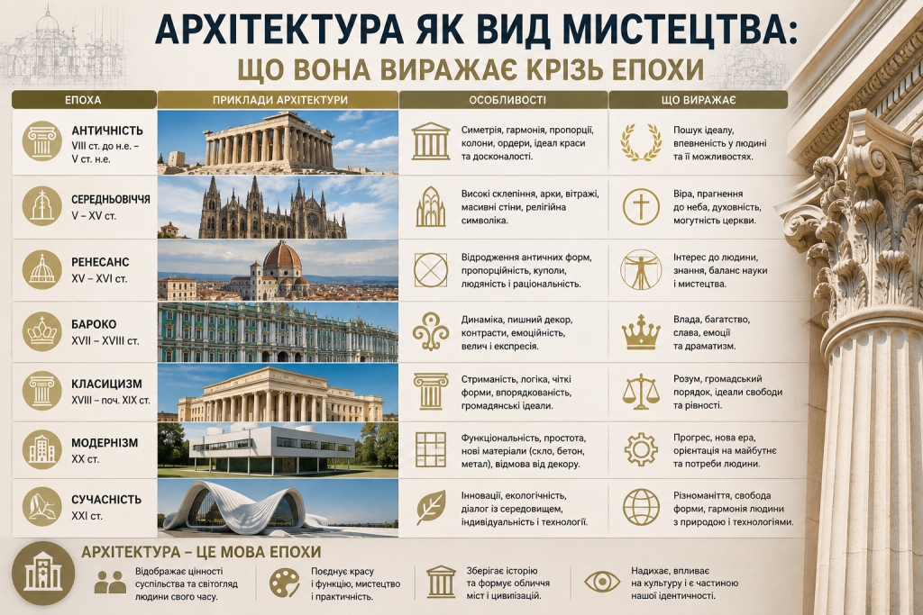 Інфографіка про розвиток архітектури від античності до сучасності з прикладами споруд, характерними рисами та значенням кожної епохи.