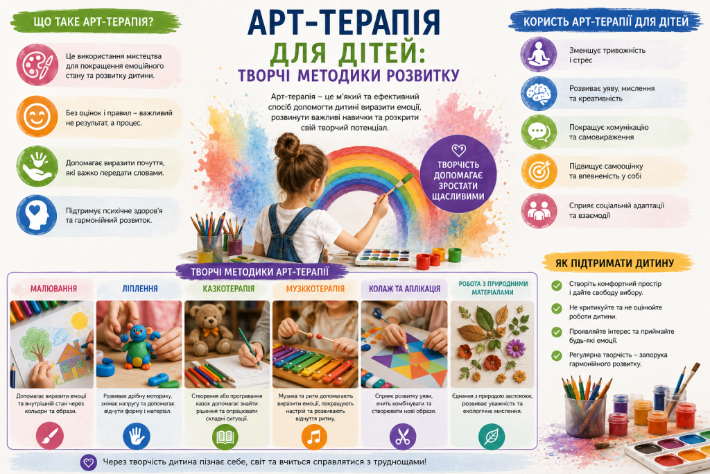 Інфографіка про арт-терапію для дітей, її користь, творчі методики та рекомендації для розвитку емоційного й психологічного благополуччя.