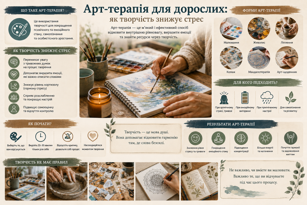 Інфографіка про арт-терапію для дорослих із поясненням користі творчості, популярними техніками, рекомендаціями для початку та позитивними результатами.
