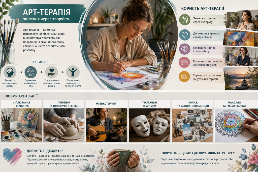 Інфографіка про принципи арт-терапії, її користь, види творчих практик і позитивний вплив мистецтва на емоційний стан.