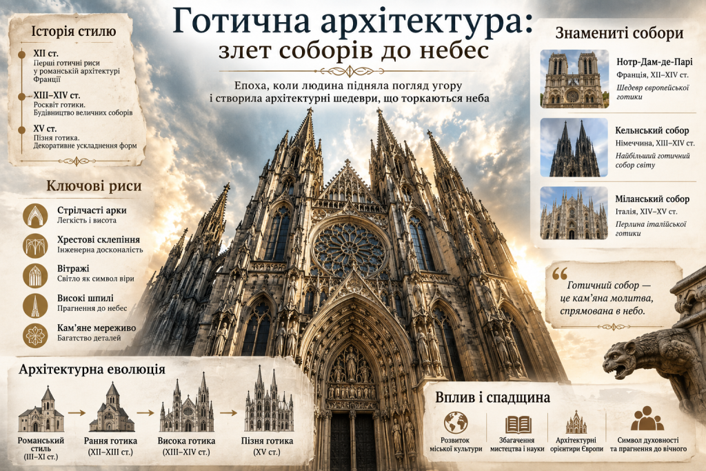 Інфографіка про готичну архітектуру з історією стилю, ключовими рисами, етапами розвитку, відомими соборами та їхнім культурним значенням.