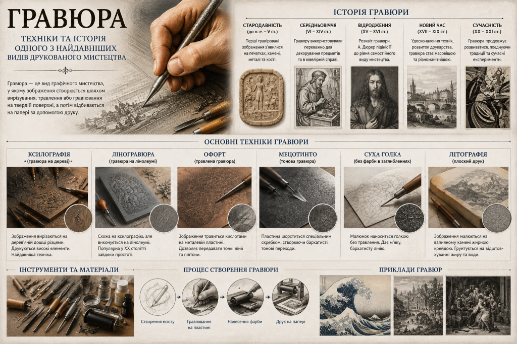 Інфографіка про історію гравюри, основні техніки, інструменти, процес створення та приклади класичних гравюр.