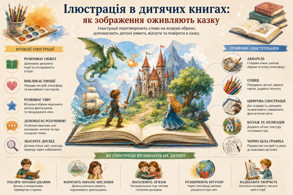 Інфографіка про роль ілюстрацій у дитячих книгах із прикладами художніх технік, їхнім впливом на розвиток дитини та функціями книжкових ілюстрацій.