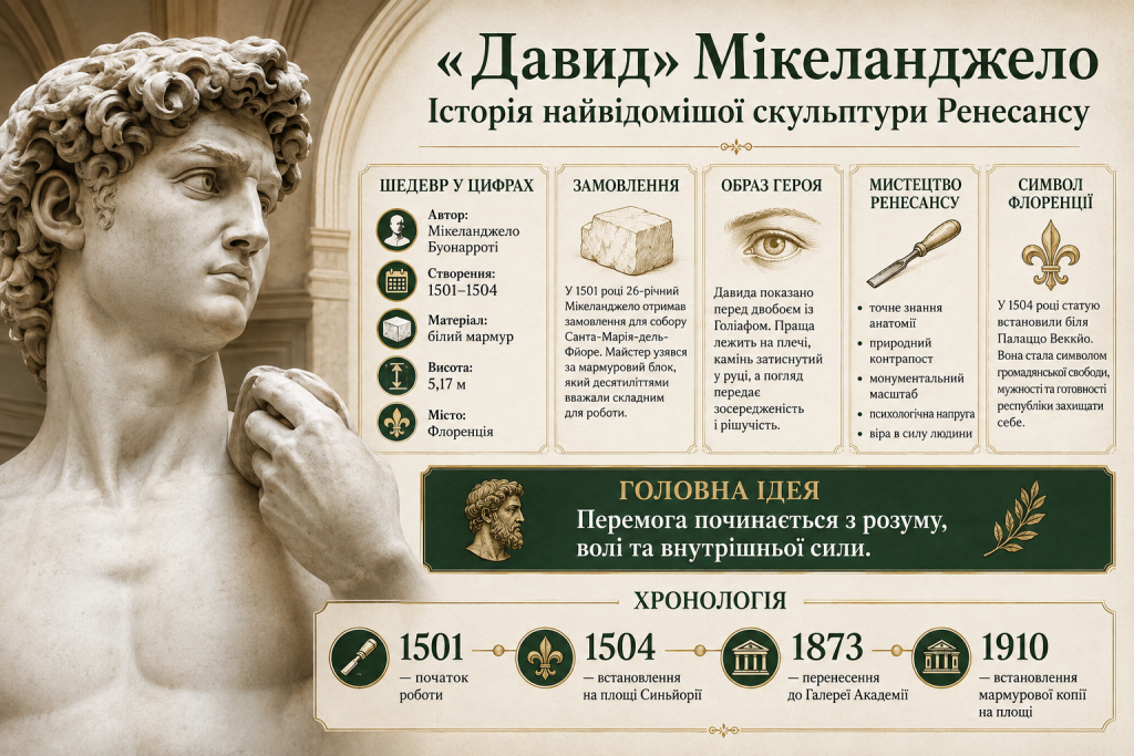 Інфографіка про скульптуру «Давид» Мікеланджело, історію створення, символіку та основні факти про шедевр Ренесансу.