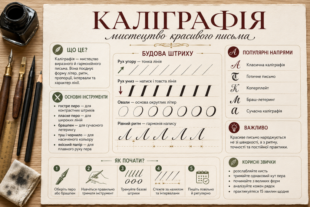Інфографіка про каліграфію, інструменти, будову штрихів, популярні стилі та вправи для початківців.