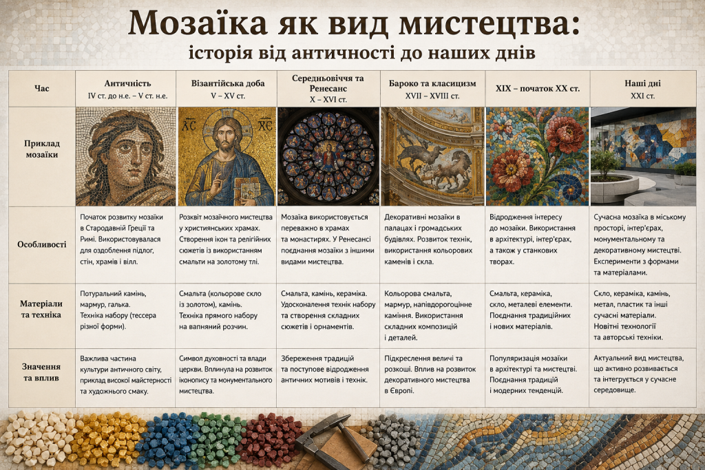 Інфографіка про історію розвитку мозаїки від античності до сучасності з прикладами, матеріалами, техніками та значенням.