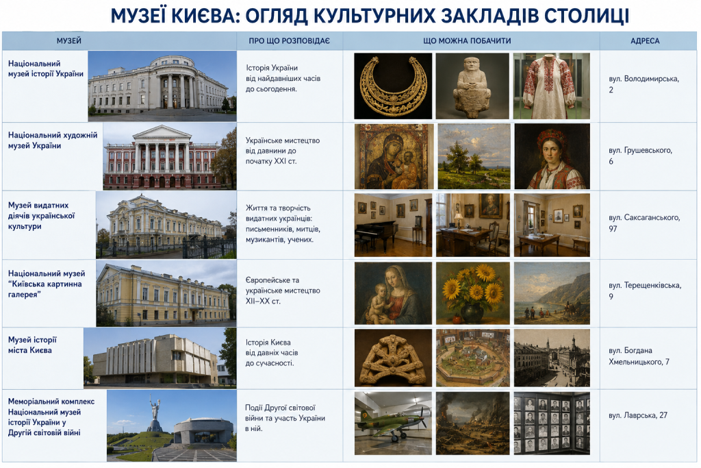 Інфографіка з добіркою найвідоміших музеїв Києва, їх тематикою, основними експонатами та адресами.