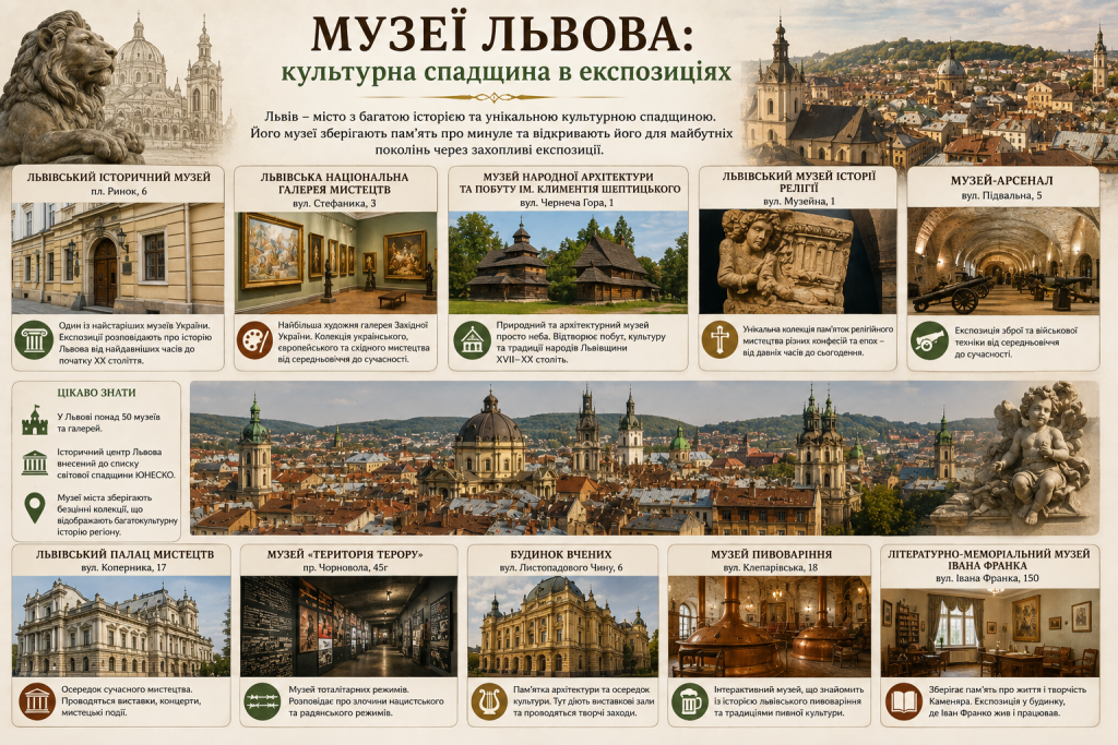Інфографіка про найвідоміші музеї Львова з фотографіями, короткими описами, адресами та цікавими фактами про культурну спадщину міста.