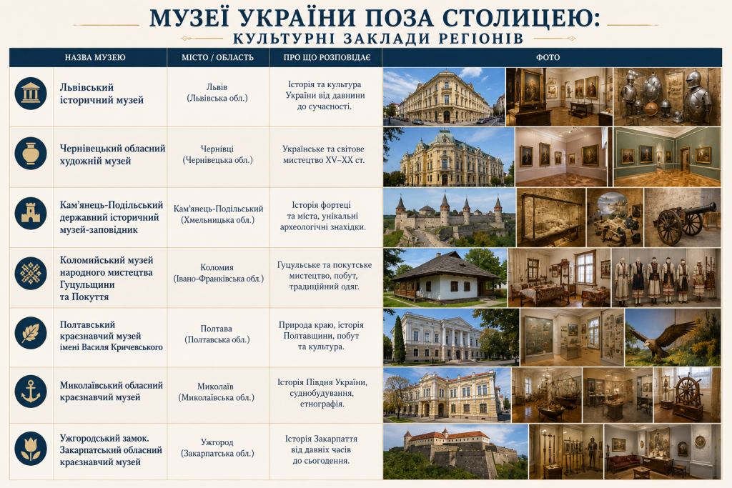 Таблиця з добіркою відомих музеїв України поза Києвом із фотографіями, назвами, містами та коротким описом їхніх експозицій.