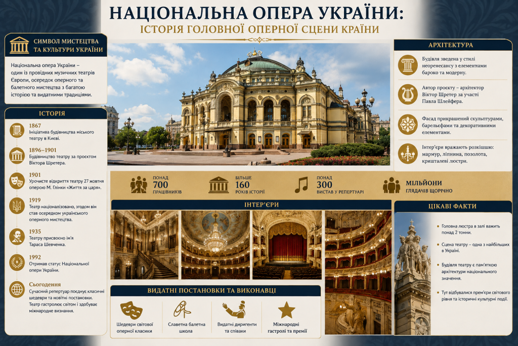 Інфографіка про Національну оперу України з історією театру, архітектурними особливостями, інтер'єрами та цікавими фактами.