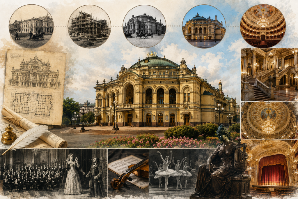Колаж із сучасним виглядом Національної опери України, історичними фотографіями, архітектурними ескізами, інтер'єрами та видатними сторінками її історії.
