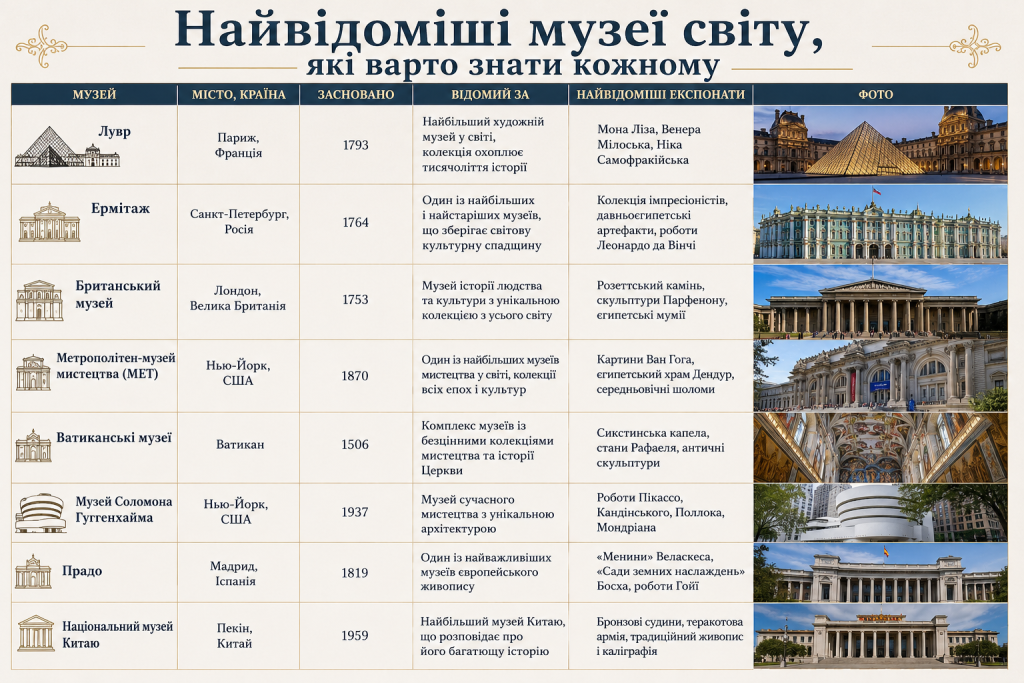 Інфографіка з найвідомішими музеями світу, їхнім розташуванням, роком заснування, визначними експонатами та фотографіями.