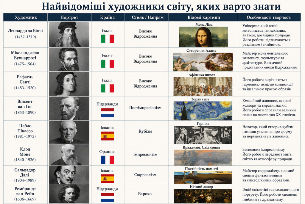 Таблиця з найвідомішими художниками світу, їхніми портретами, країнами, художніми напрямами, найвідомішими картинами та особливостями творчості.