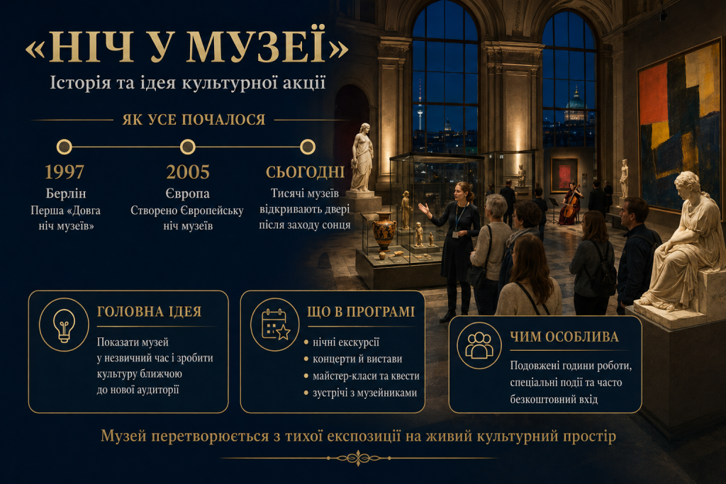 Інфографіка про акцію «Ніч у музеї», її історію, ідею, нічні екскурсії, концерти та спеціальні музейні події