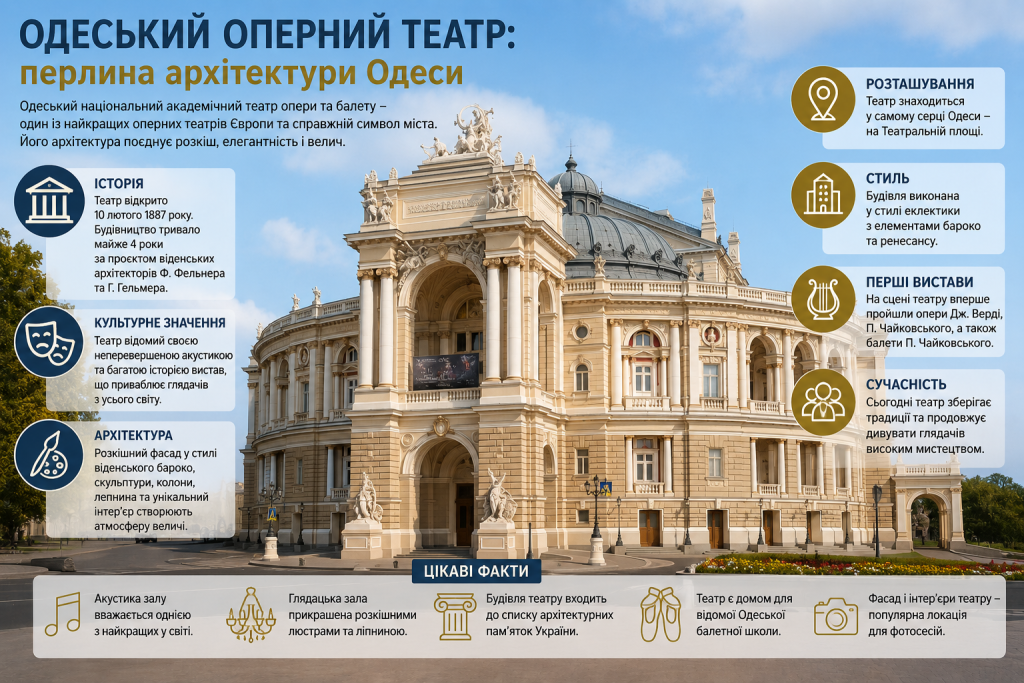 Інфографіка про Одеський національний академічний театр опери та балету з історією, архітектурними особливостями, цікавими фактами та сучасним значенням.