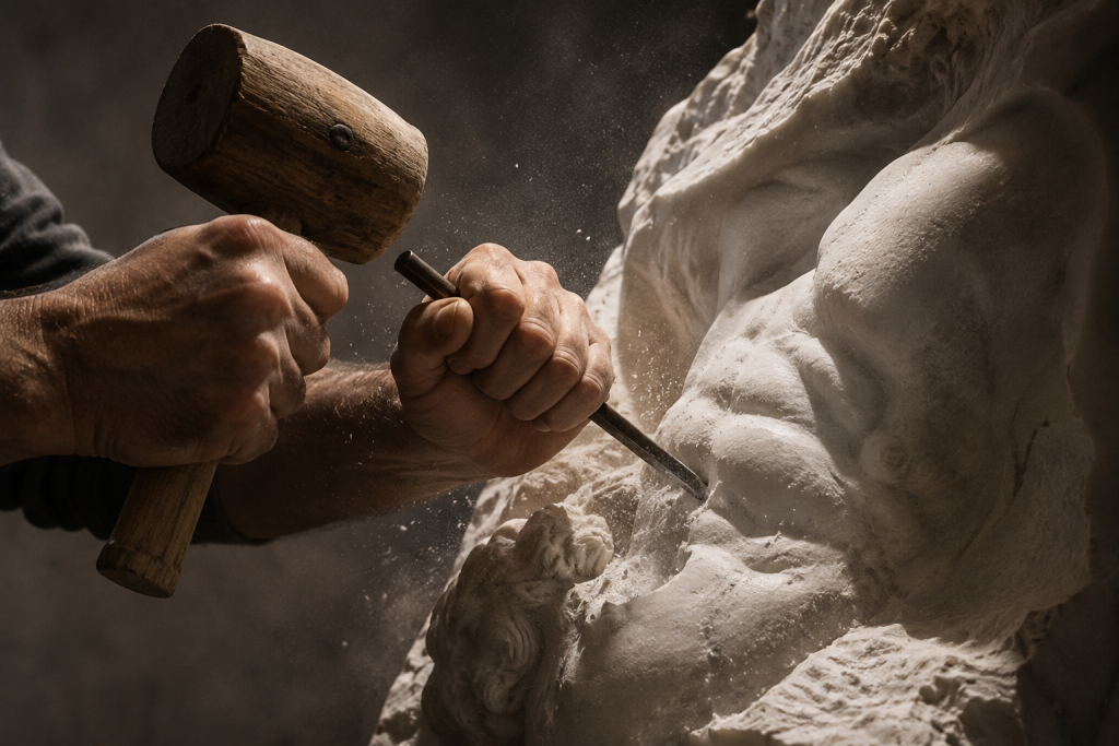 Скульптура як мистецтво об’єму та форми Крупний план рук скульптора, який за допомогою молотка та зубила висікає деталі мармурової статуї, навколо летить мармуровий пил.