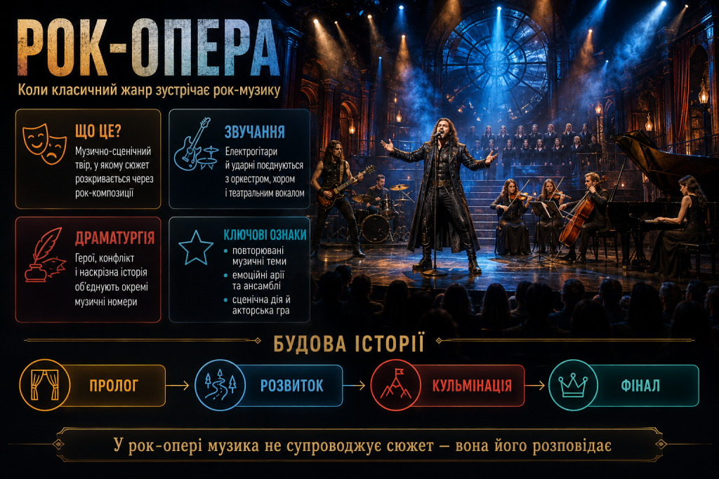 Інфографіка про рок-оперу, її звучання, драматургію та структуру музичної вистави