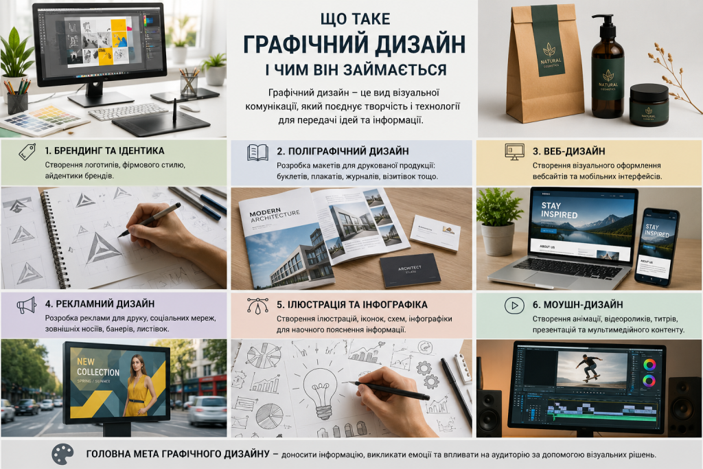 Інфографіка про основні напрями графічного дизайну: брендинг, поліграфію, вебдизайн, рекламу, ілюстрацію та моушн-дизайн.