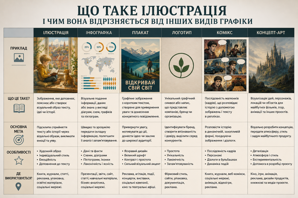 Інфографіка з порівнянням ілюстрації, інфографіки, плаката, логотипа, коміксу та концепт-арту, їхніх особливостей і сфер використання.