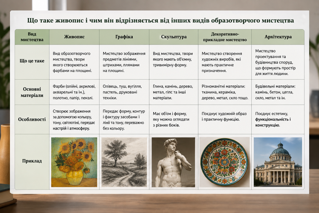Порівняльна інфографіка про живопис, графіку, скульптуру, декоративно-прикладне мистецтво та архітектуру з описом особливостей і прикладами.