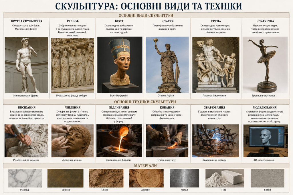 Інфографіка про основні види скульптур, техніки створення та матеріали, доповнена фотографіями відомих скульптур і процесів роботи майстра.