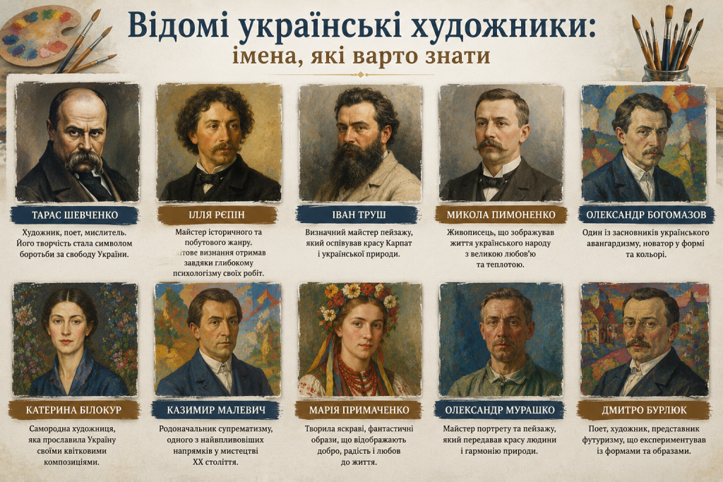 Інфографіка з портретами та іменами відомих українських художників, серед яких Тарас Шевченко, Іван Труш, Микола Пимоненко, Казимир Малевич і Катерина Білокур.