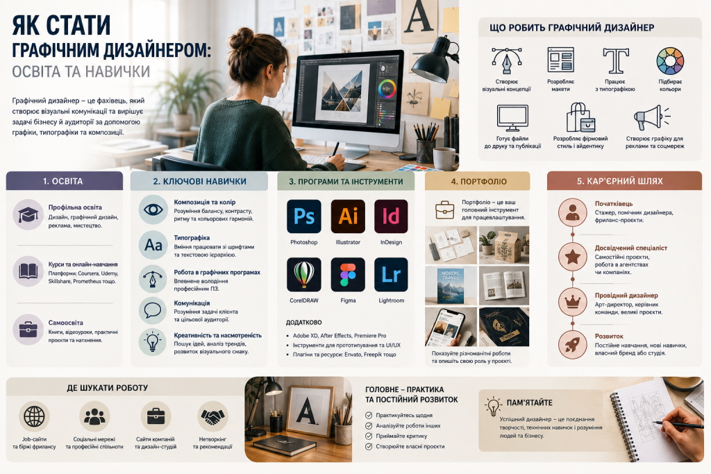 Інфографіка про шлях до професії графічного дизайнера, необхідні навички, програми, портфоліо та можливості кар'єрного розвитку.