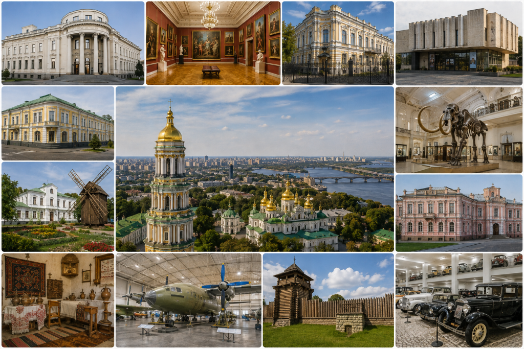 Колаж із фотографіями найвідоміших музеїв Києва, історичних пам'яток, музейних експозицій та культурних об'єктів столиці.