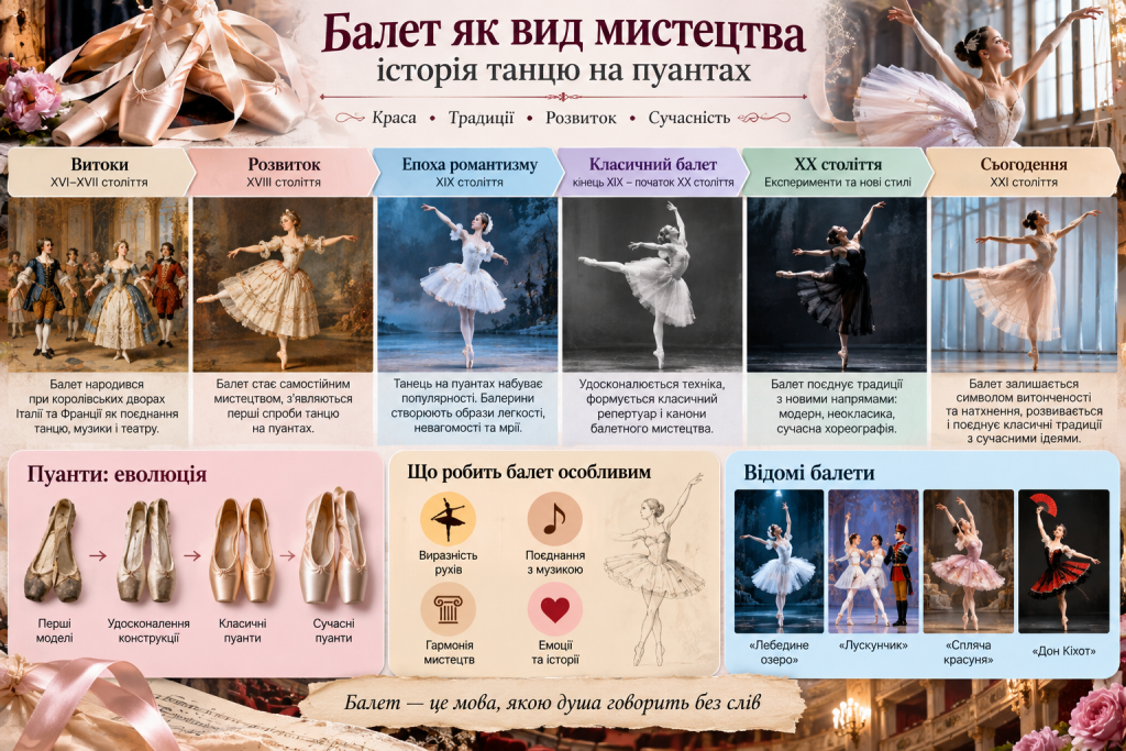 Інфографіка про історію балету, розвиток танцю на пуантах, еволюцію балетного взуття та відомі постановки
