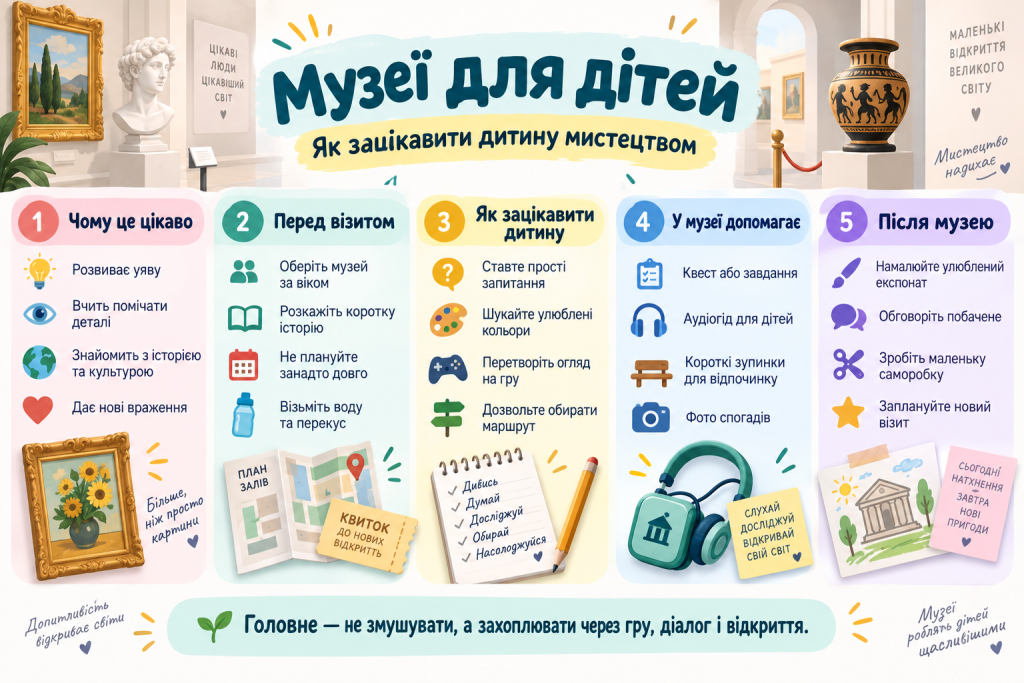 Інфографіка з порадами для відвідування музею з дитиною, підготовки до візиту та способів зацікавити мистецтвом.