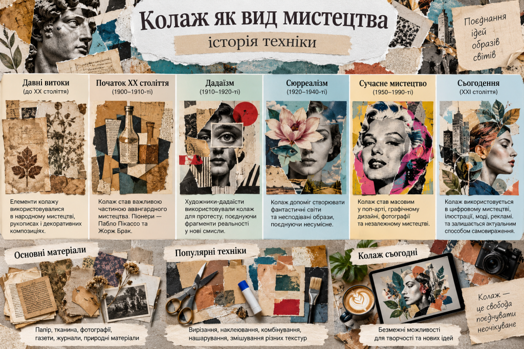 Інфографіка про історію колажу в мистецтві, його розвиток, матеріали та популярні техніки створення