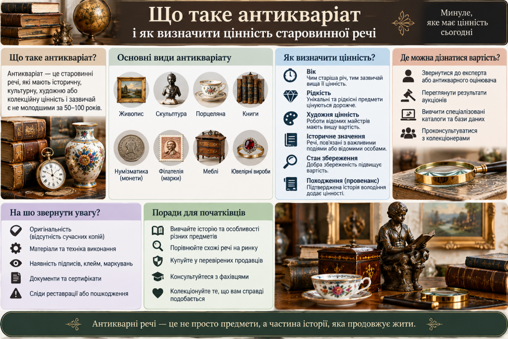 Інфографіка про основні види антикваріату, критерії оцінювання старовинних предметів, визначення автентичності та способи встановлення вартості.